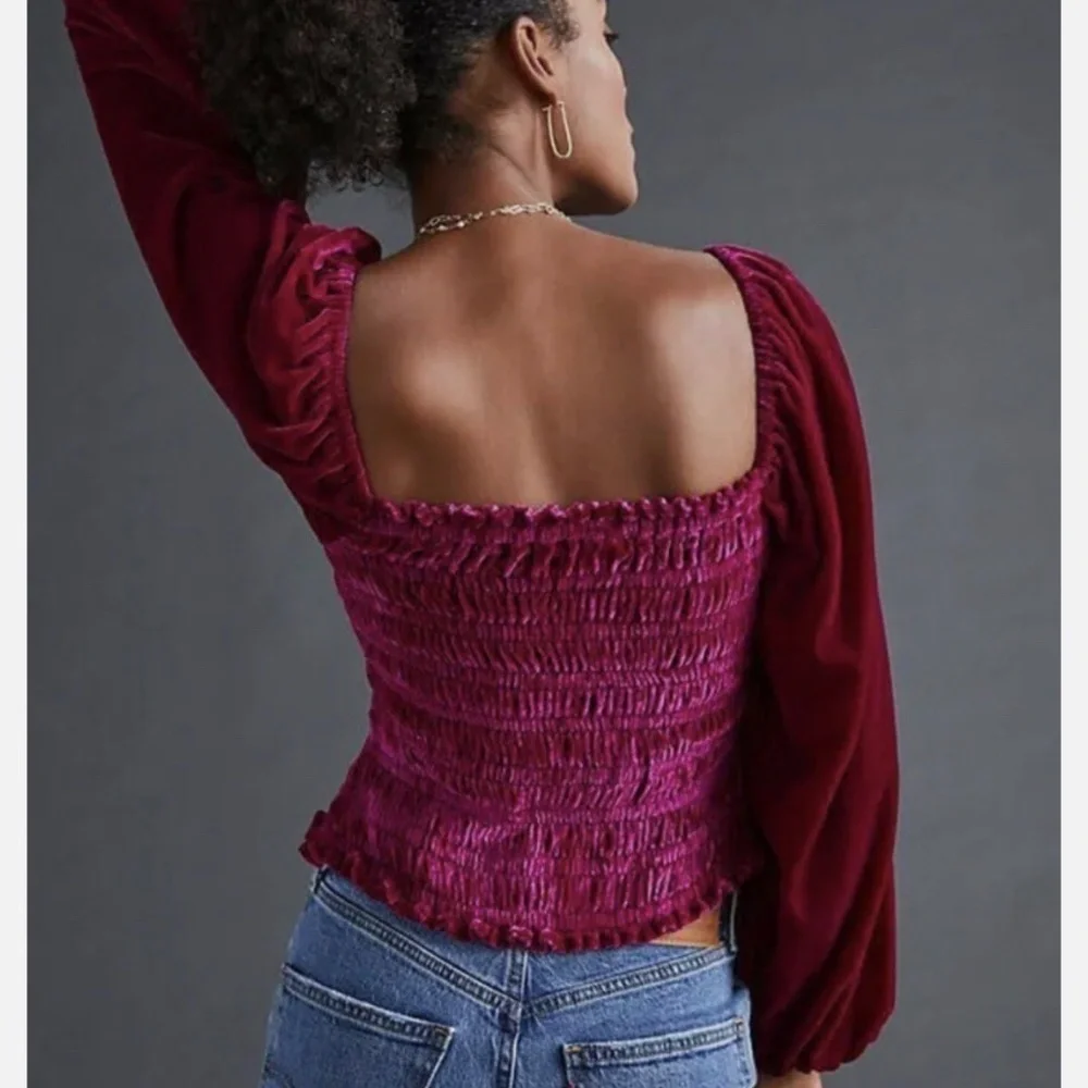 Anthropologie Magenta Pink Rose Smocked Velvet Puff Sleeve Peasant Blouse, M